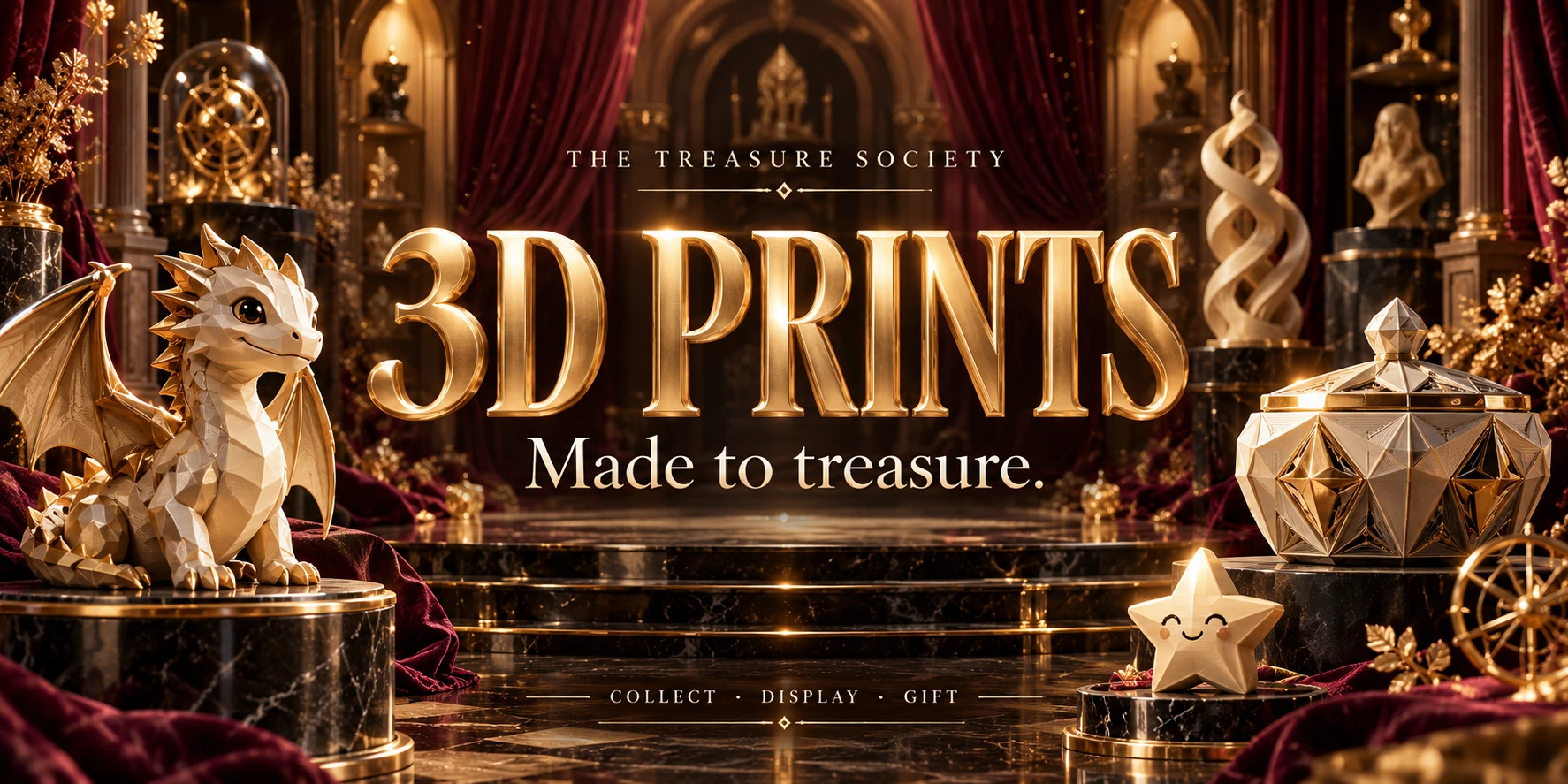 The Treasure Society — 3D Prints. Made to treasure. Collect, display, gift. A cinematic gallery of gold lettering, marble displays, and collectible concept art.