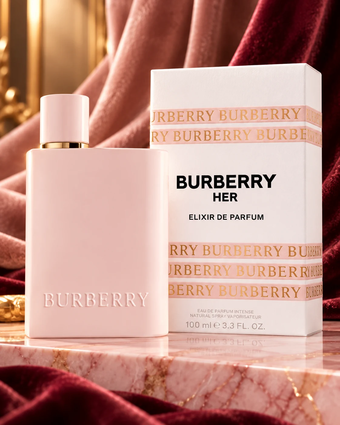 Styled editorial image of Burberry Her Elixir Eau de Parfum bottle and box