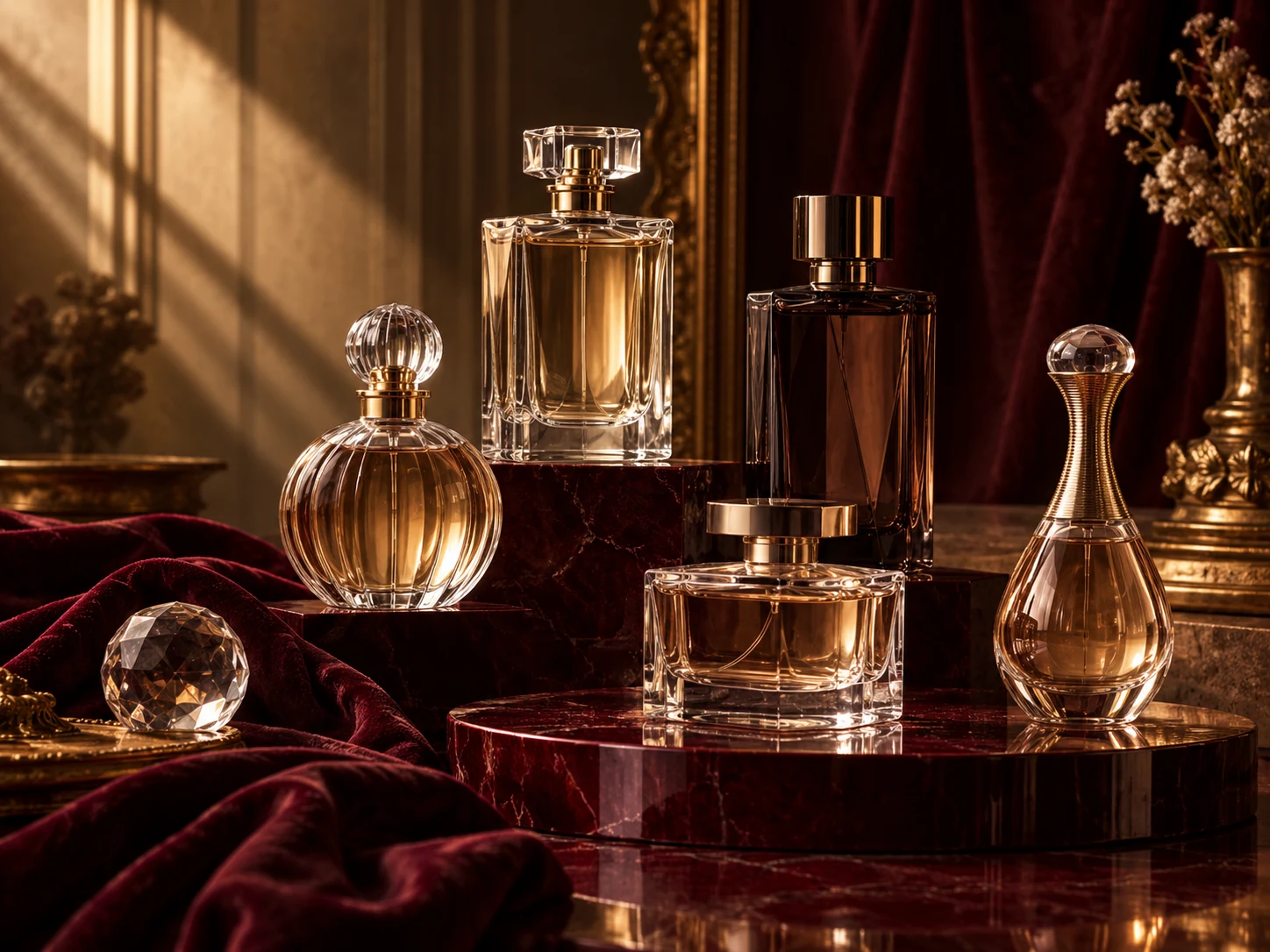 Editorial still life of unbranded perfume and cologne bottles on burgundy velvet