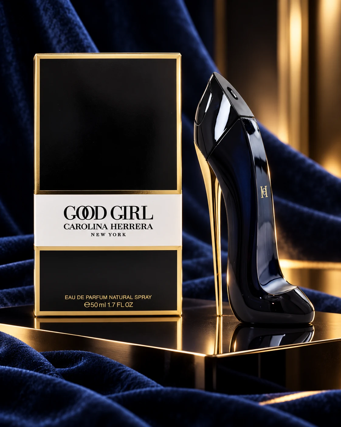 Styled editorial image of Carolina Herrera Good Girl Eau de Parfum bottle and box