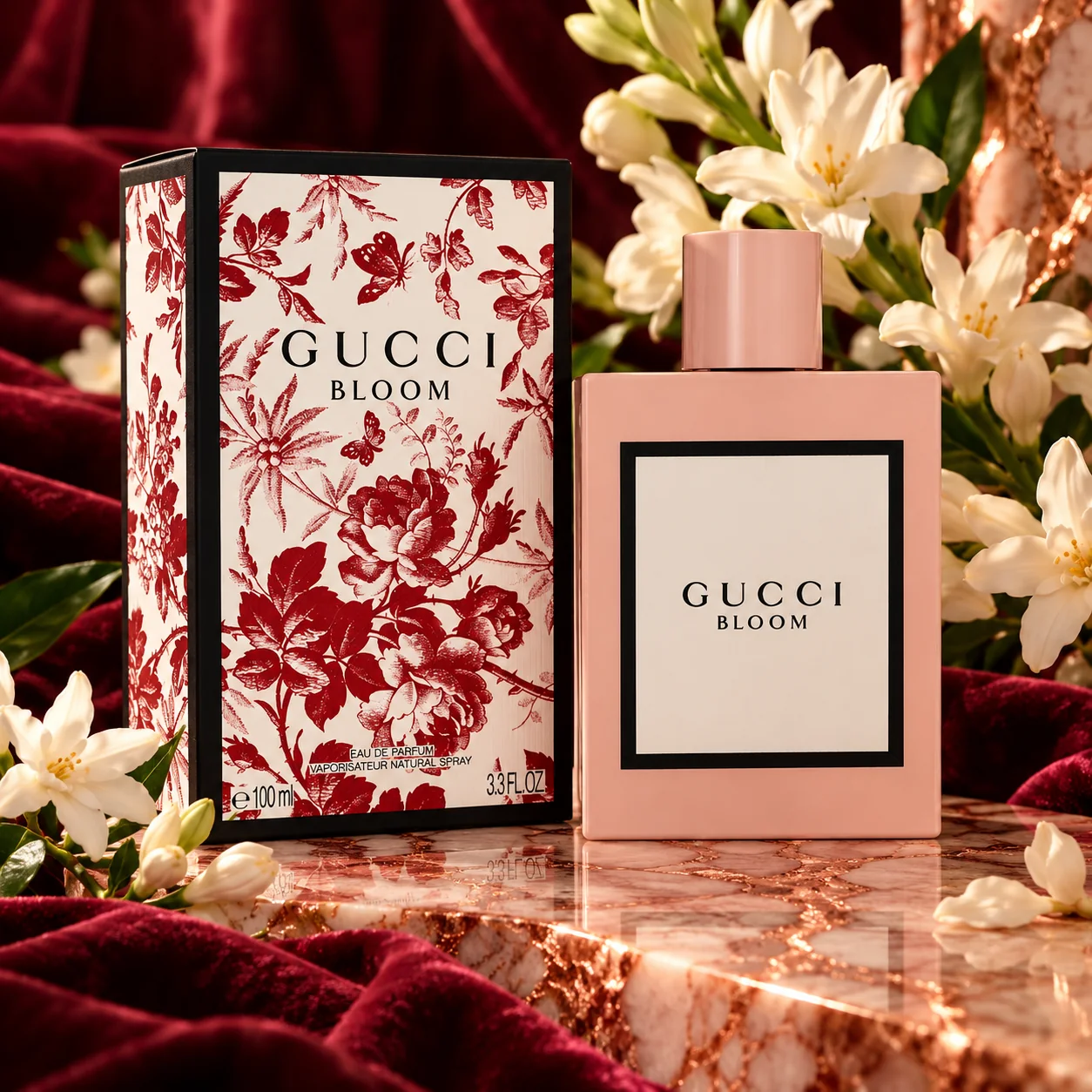 Styled editorial image of Gucci Bloom Eau de Parfum bottle and box