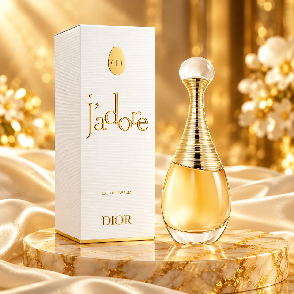 Styled editorial image of Dior J’adore Eau de Parfum bottle and box