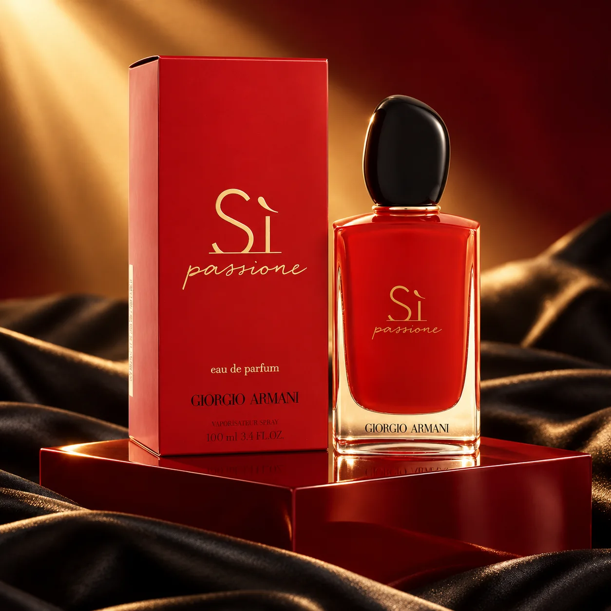 Styled editorial image of Giorgio Armani Sì Passione Eau de Parfum bottle and box